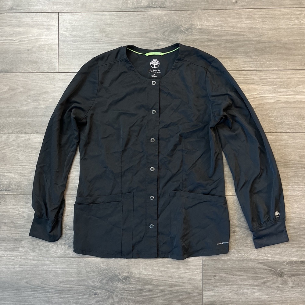 HH Works Healing Hands Womens M Long Sleeve Button Up Top Shirt Black